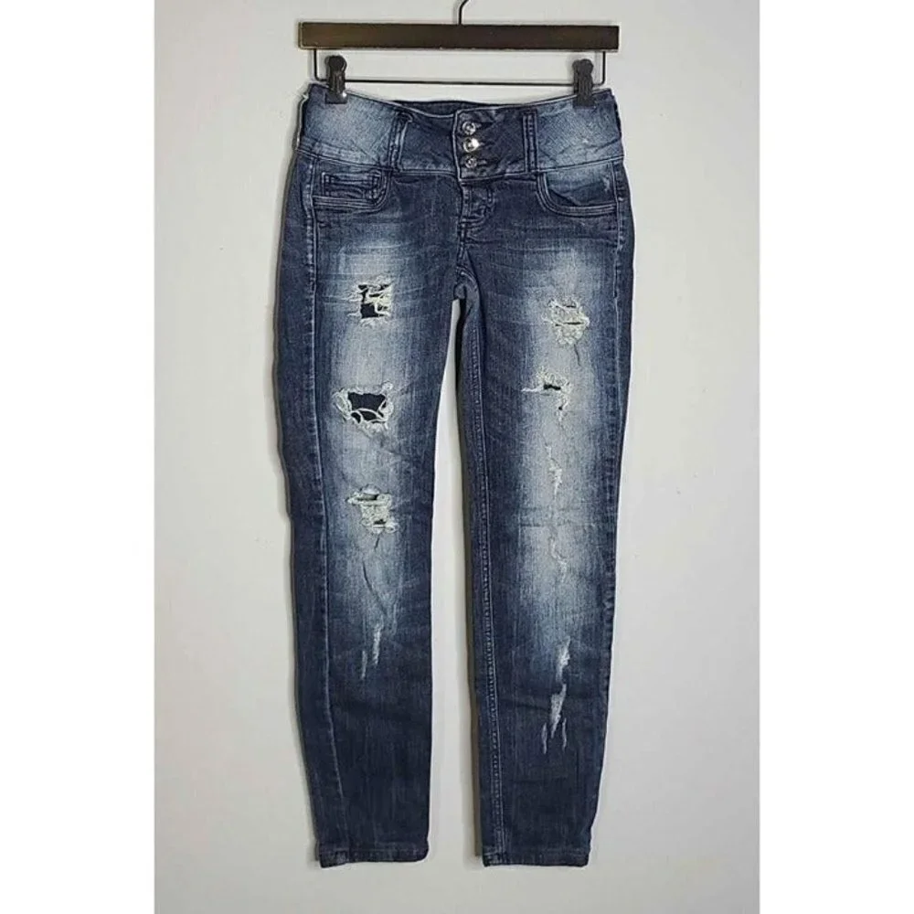 Colcci PM Womens Stretch Dark Distressed Wide Waistband Straight Leg Size 36